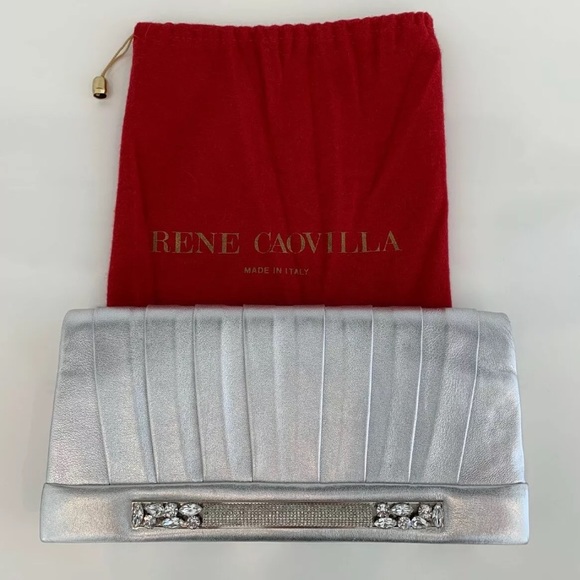 RENE CAOVILLA METALLIC SILVER LEATHER EMBELLISHED CLUTCH - Picture 1 of 13